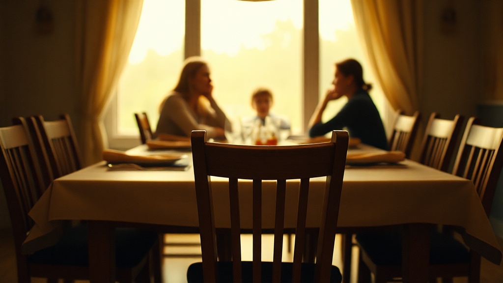 An empty chair at a dinner table set for a meal, soft evening light, bittersweet atmosphere