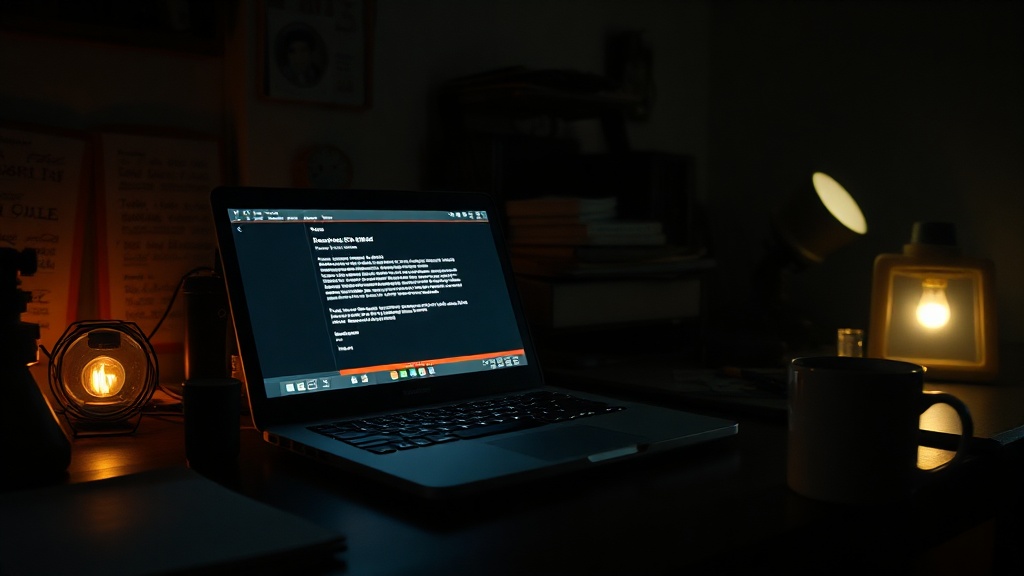 A dimly lit home office at 2 AM with a glowing laptop screen and cold coffee