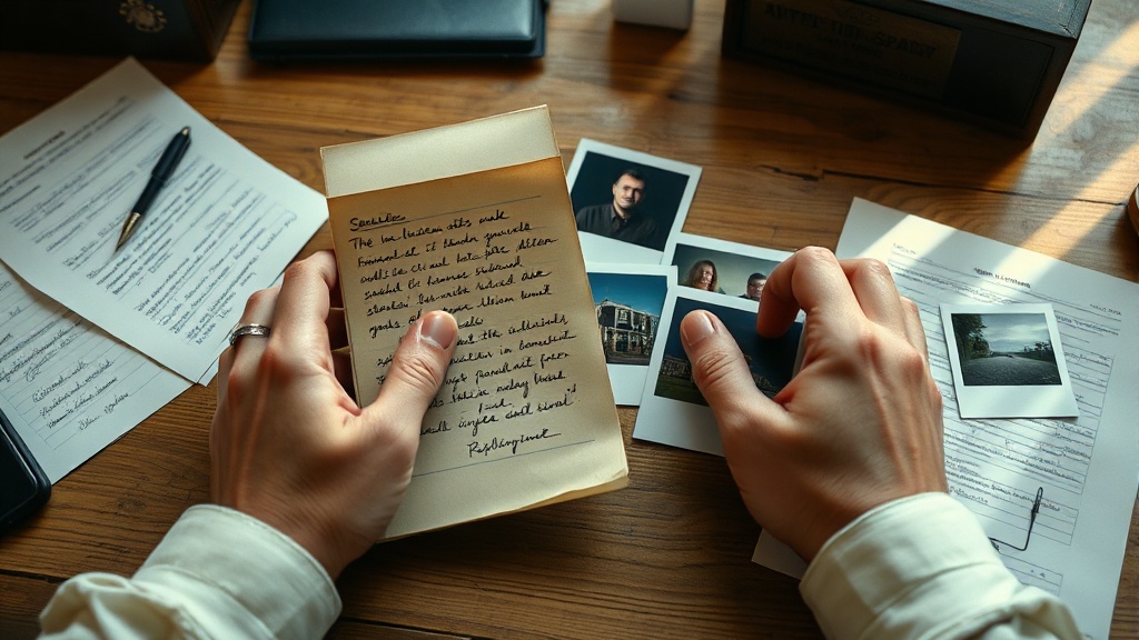 Hands holding old handwritten notes and photographs over a wooden desk