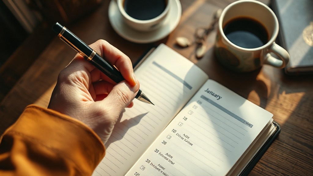 A hand writing in a fresh planner on a wooden desk in January light