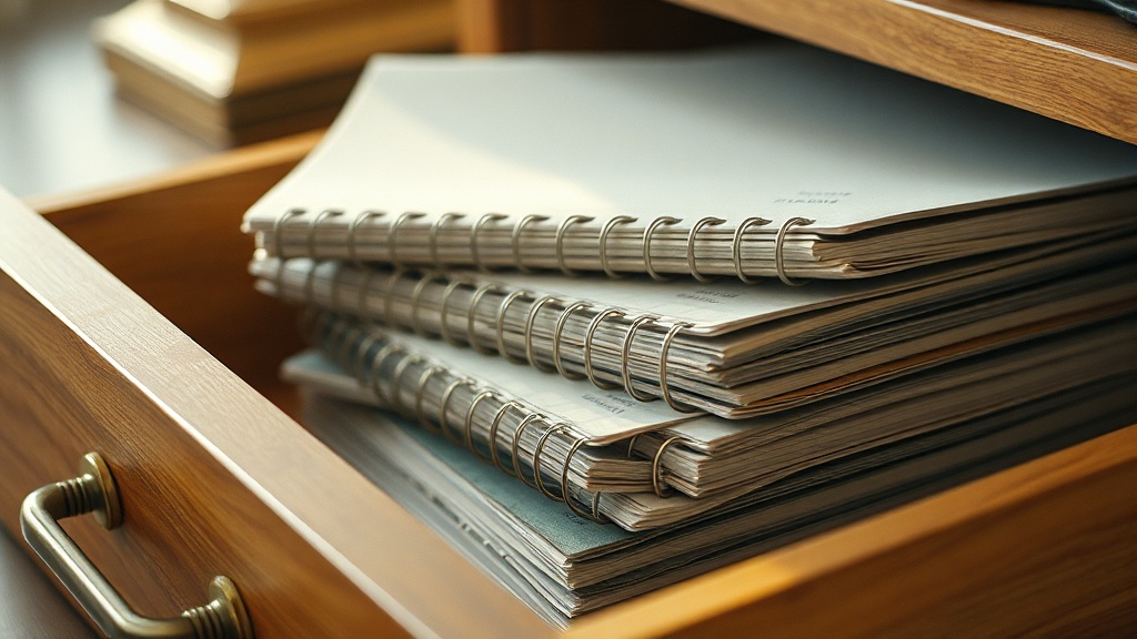 Stack of half-used planners in a desk drawer with soft afternoon light