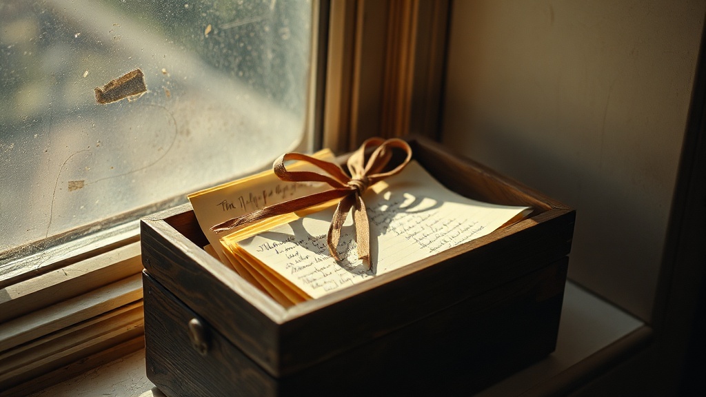 A weathered wooden box of handwritten letters on a windowsill