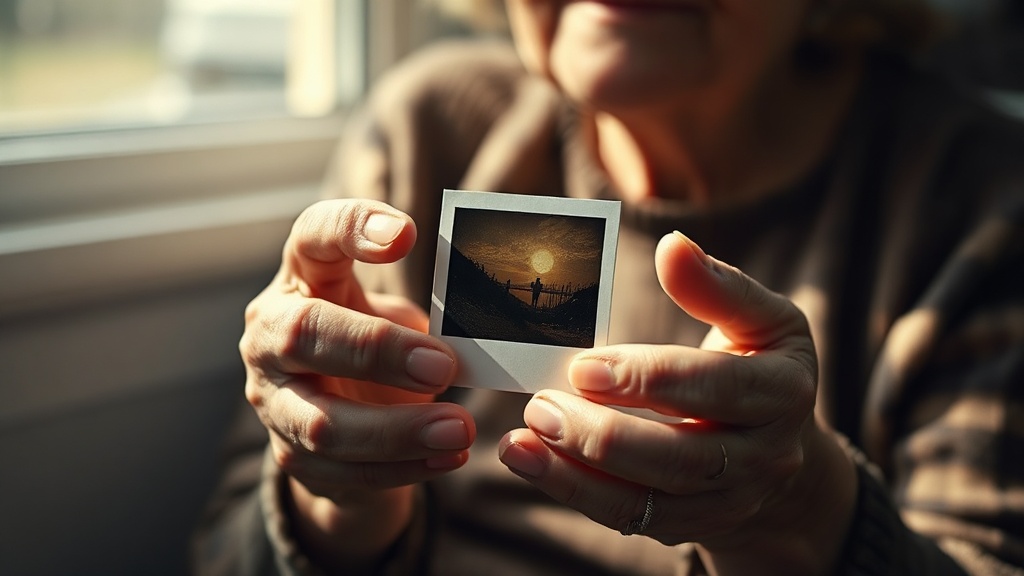 An elderly woman holding a single faded photograph in soft window light