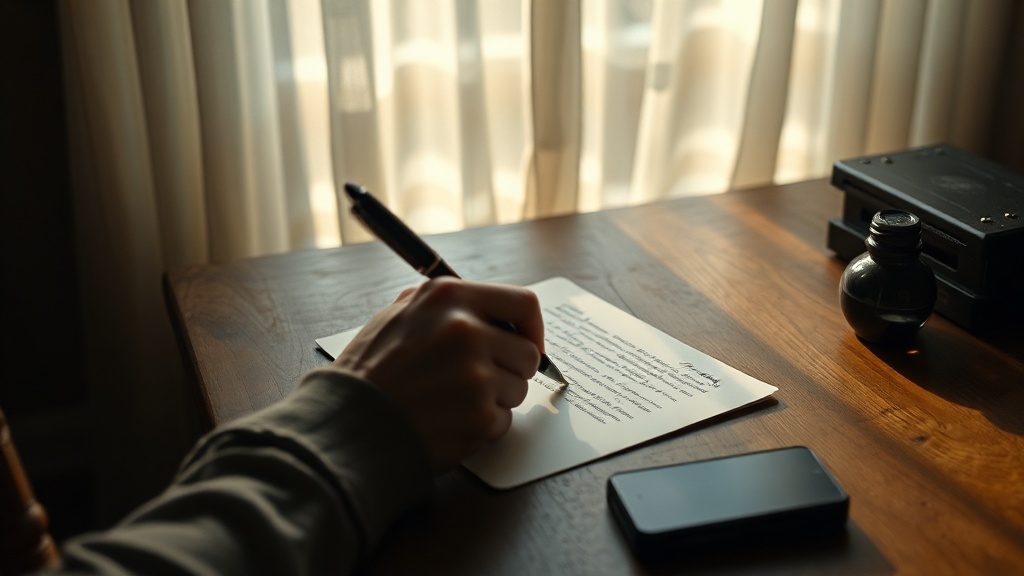 A person writing by hand at a wooden desk with morning light