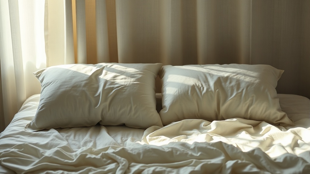 Two pillows side by side on a rumpled bed in morning light