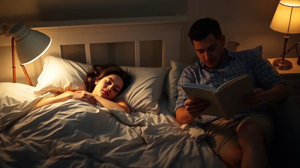 A person sleeping peacefully while partner reads nearby in soft lamplight