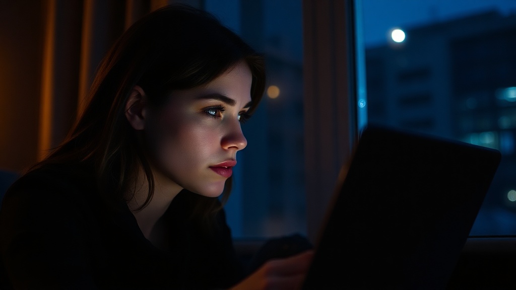 A woman staring at her laptop screen in a dim apartment, her reflection visible in the dark glass