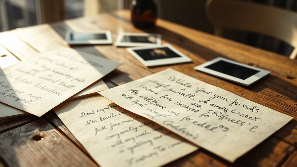 Close-up of handwritten letters and aged photographs scattered on a wooden table, warm afternoon light