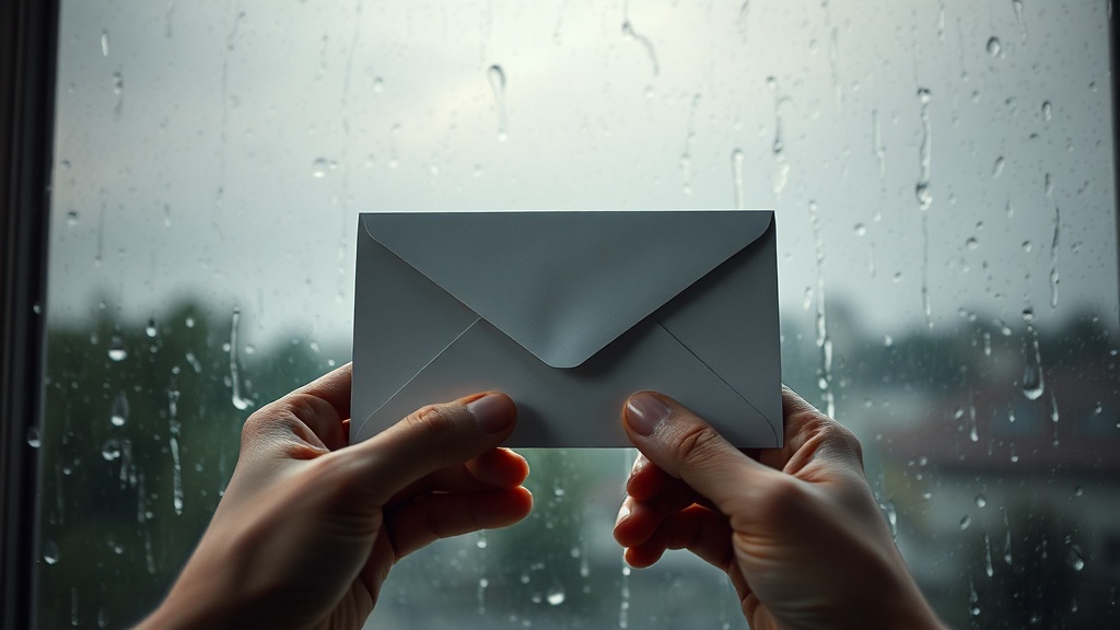 Hands holding a sealed envelope against a window with rain streaming down the glass, soft focus background