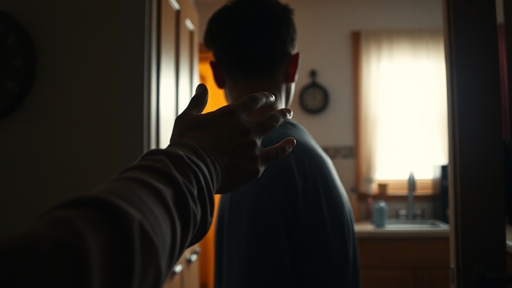 A parent's hand hovering near a teenager's shoulder in a kitchen doorway