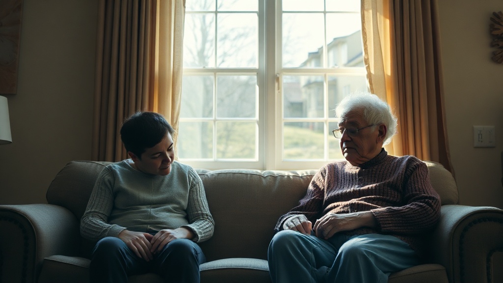 An adult child and elderly parent sitting apart on a sofa with visible space between them