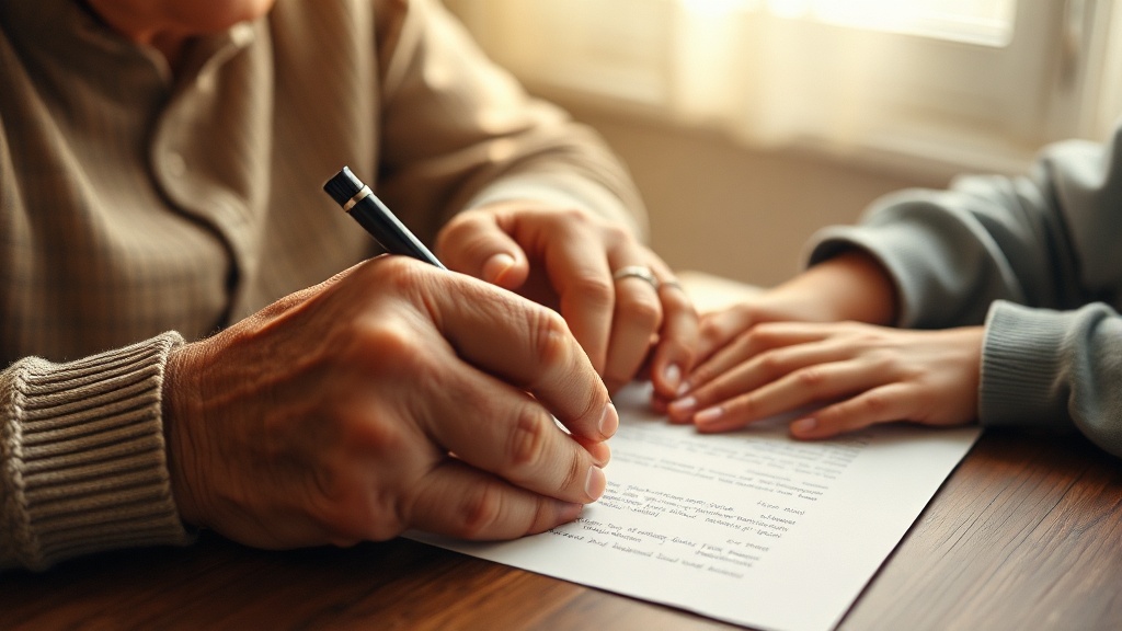 Hands of different generations overlapping while writing a letter together