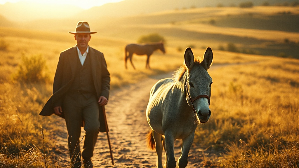 A man walking with a donkey through sunlit Spanish countryside