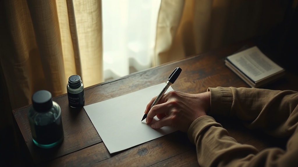 Hands writing a letter at a wooden desk with soft window light