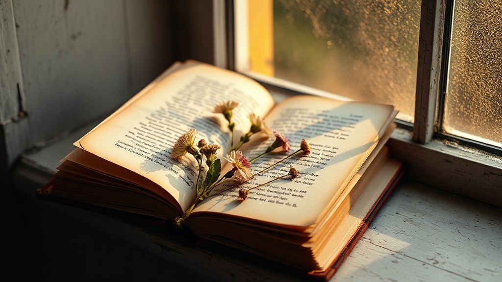 An open book with pressed flowers on a windowsill at golden hour