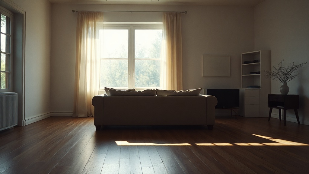 An empty living room with furniture moved away from the window, afternoon light streaming across bare floorboards