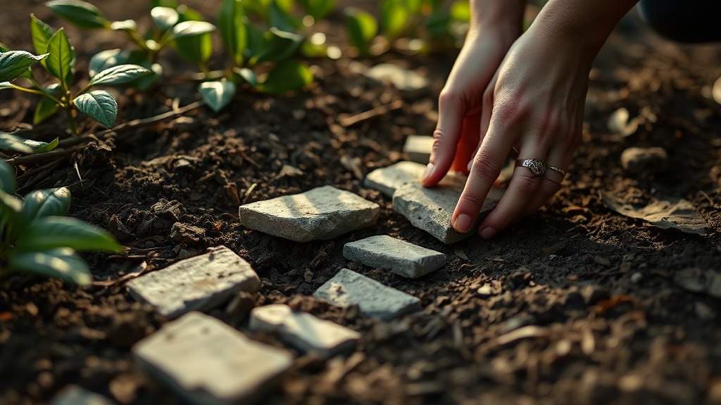Hands arranging stepping stones in a garden path, morning light, soil and green plants visible