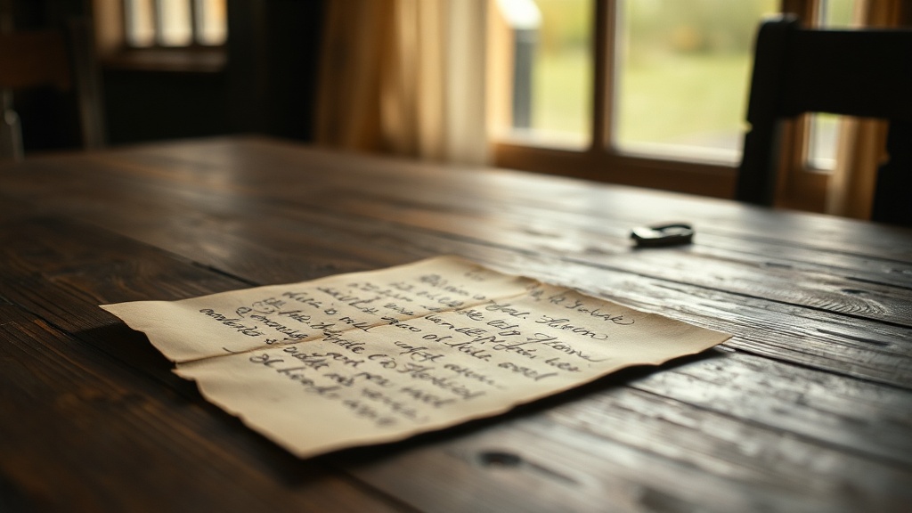 A handwritten letter on a wooden table beside a window with soft afternoon light