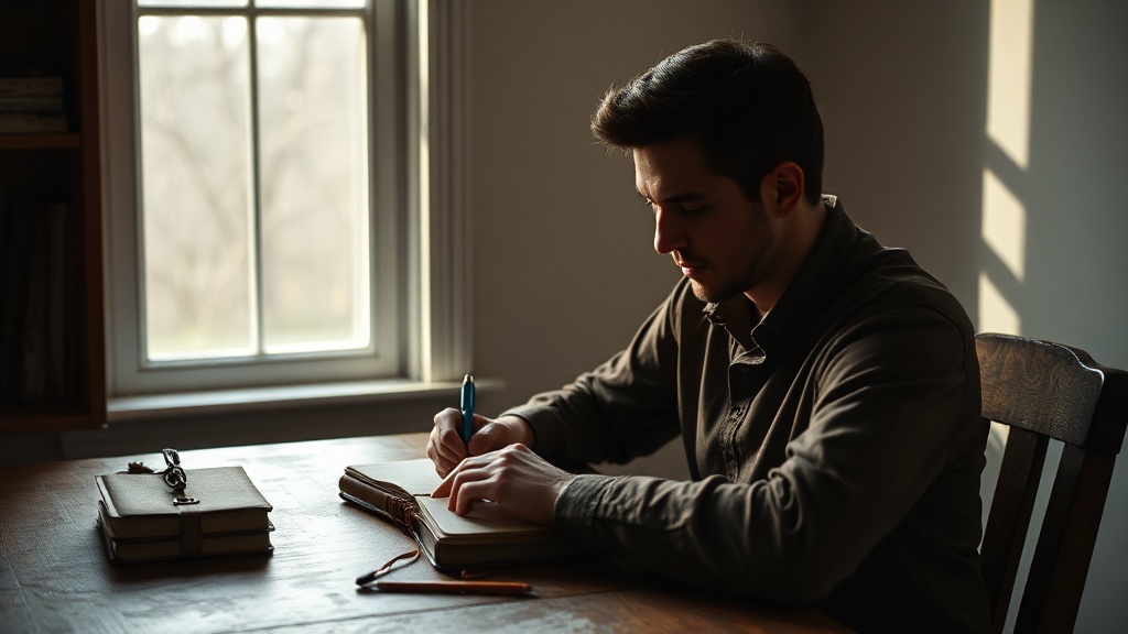 A person writing in a leather journal at a wooden desk with soft morning light