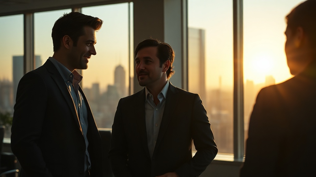 Two professionals having a serious conversation in a modern office with city views