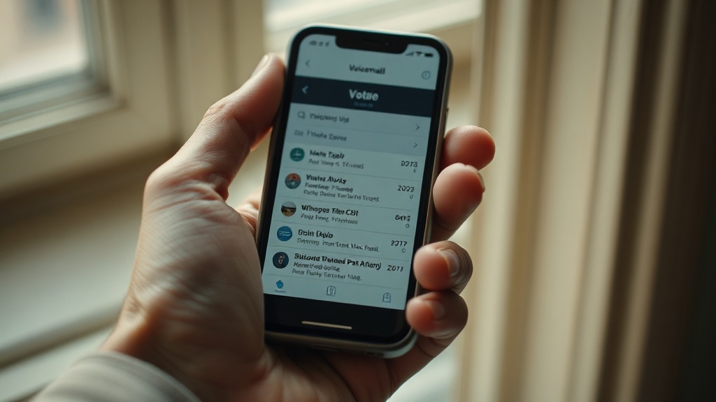 A hand holding an old smartphone displaying a voicemail screen with multiple saved messages