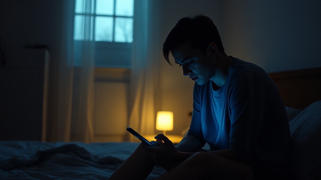 A person sitting alone on a bed in a dimly lit bedroom looking at a phone screen