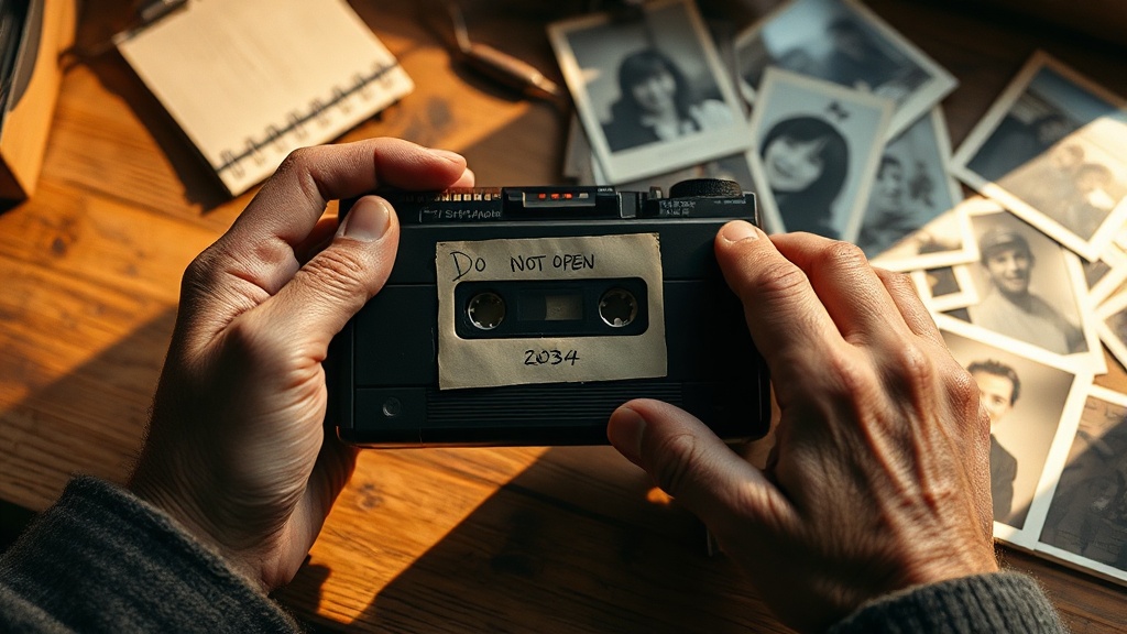Hands holding a vintage cassette recorder with a handwritten label reading 'Do Not Open Until 2034'