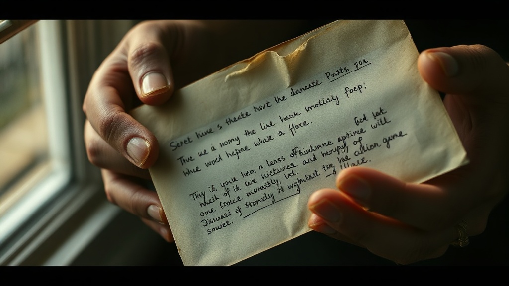 Hands holding a weathered envelope with visible handwritten corrections