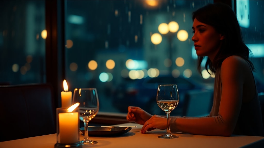 A woman dining alone at a candlelit restaurant table