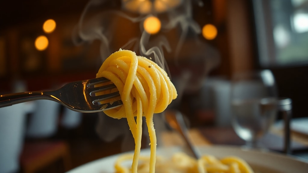 Close-up of a fork holding the perfect bite of pasta
