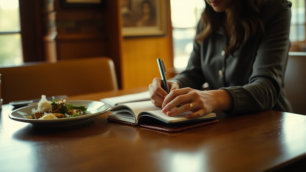 Hands writing in a leather journal at a restaurant table