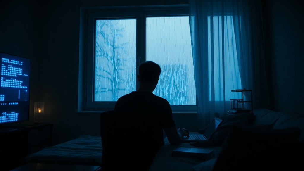 A solitary figure typing on a laptop in a dimly lit room with server lights visible through a window