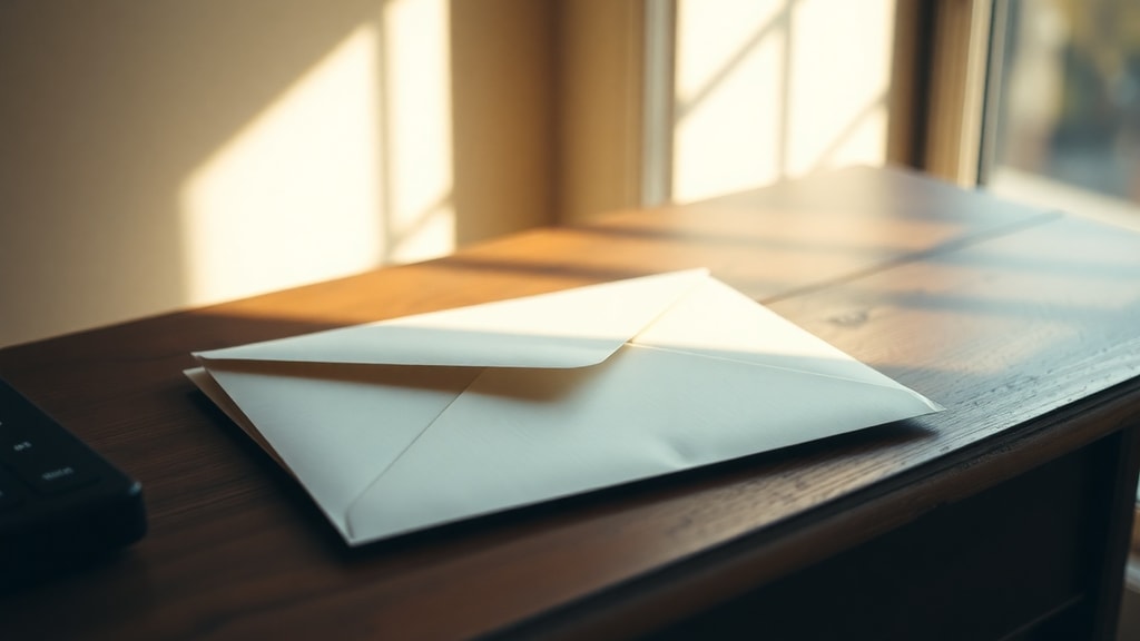 A sealed envelope on a wooden desk with soft natural light and shadow