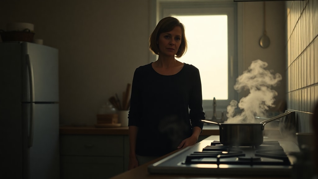 A mother standing alone in a kitchen at dawn, steam rising from a pot