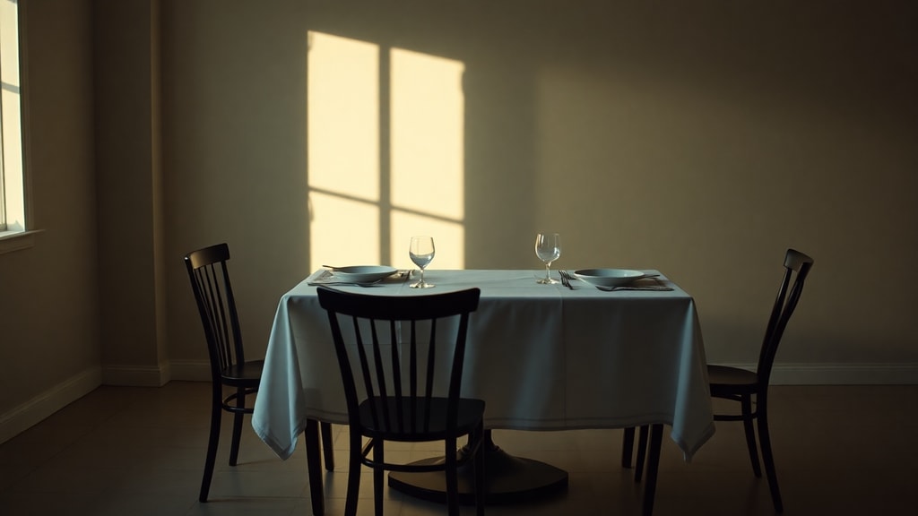 An empty dining table set for four, one chair pulled out slightly