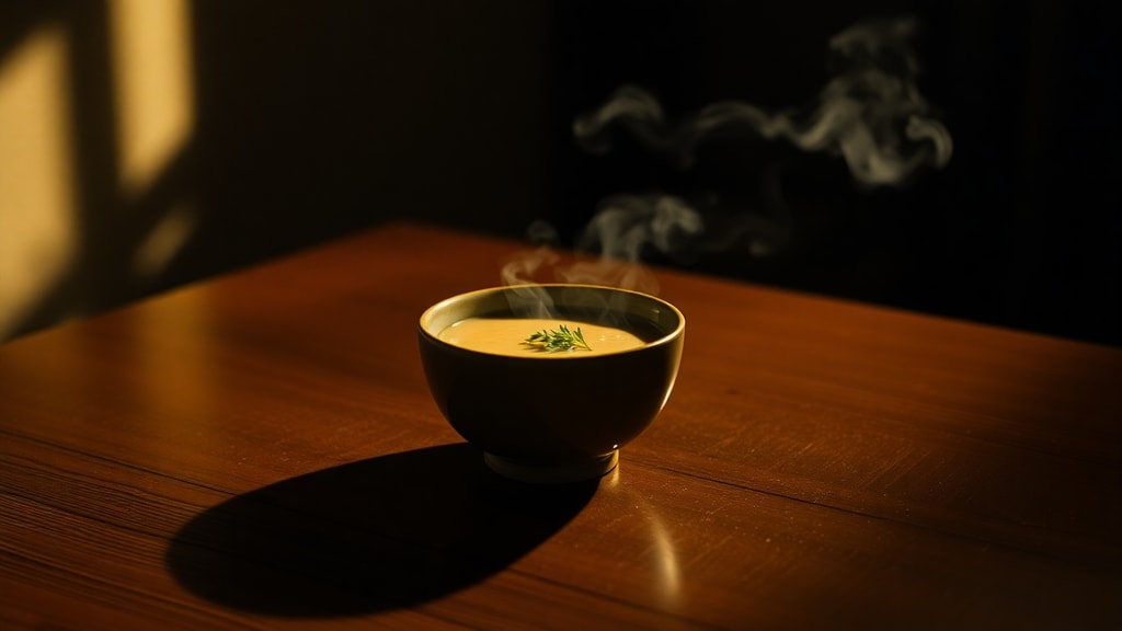 A single place setting with a bowl of soup, steam rising, on a wooden table