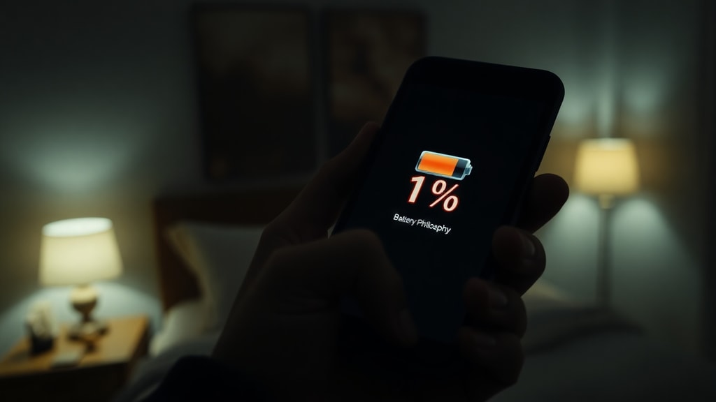 A hand holding a dying smartphone with red battery warning in dark bedroom