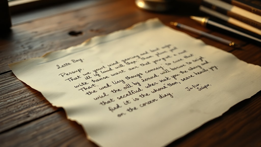 A weathered handwritten letter on wooden desk with soft morning light