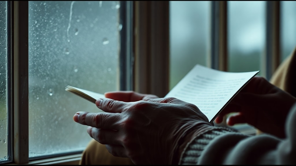 An elderly person reading a letter by window with rain outside