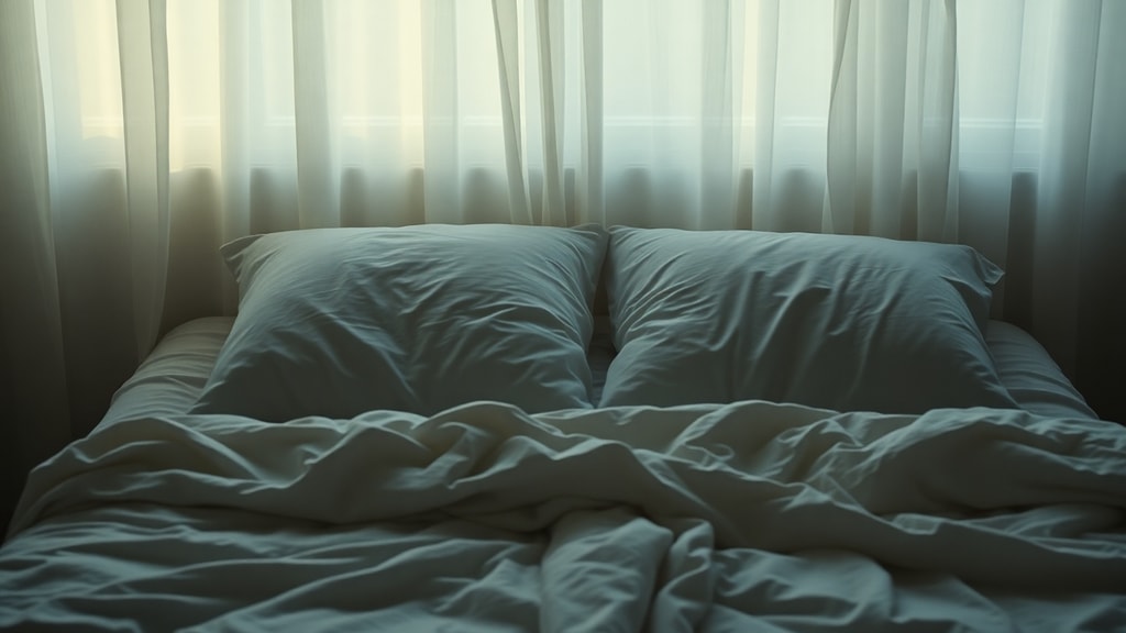 An empty bed with morning light streaming through sheer curtains, one pillow more worn than the other