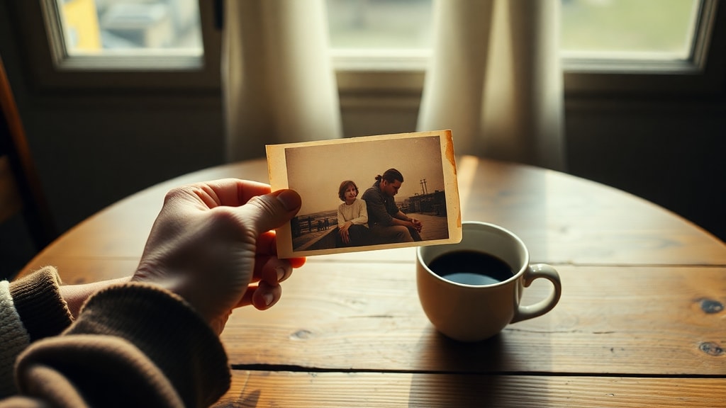 Hands holding a faded photograph over a wooden table with morning coffee