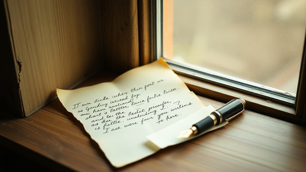 A handwritten letter on aged paper beside a fountain pen on a windowsill