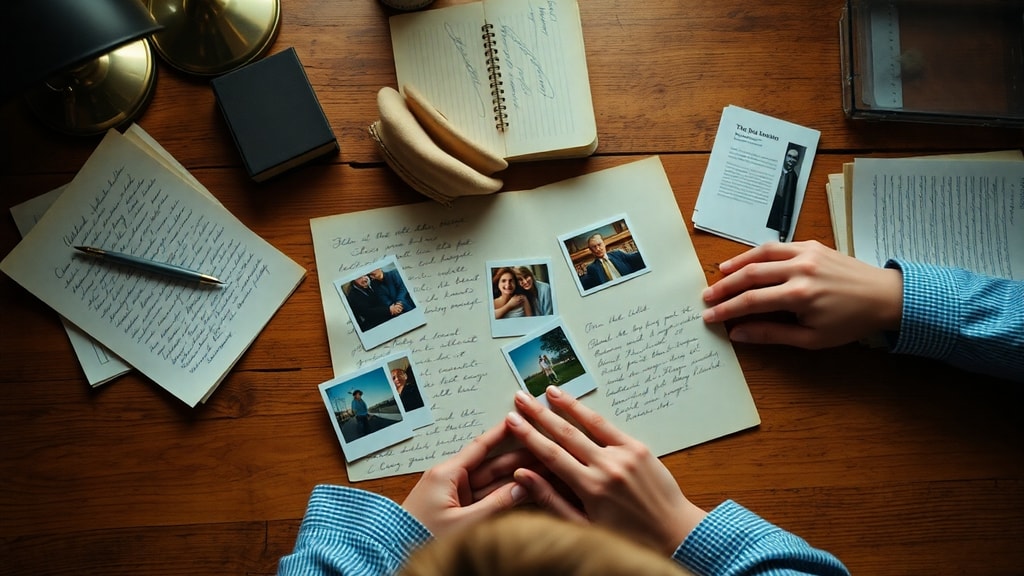 A woman looking at old handwritten notes and photographs spread on a wooden desk