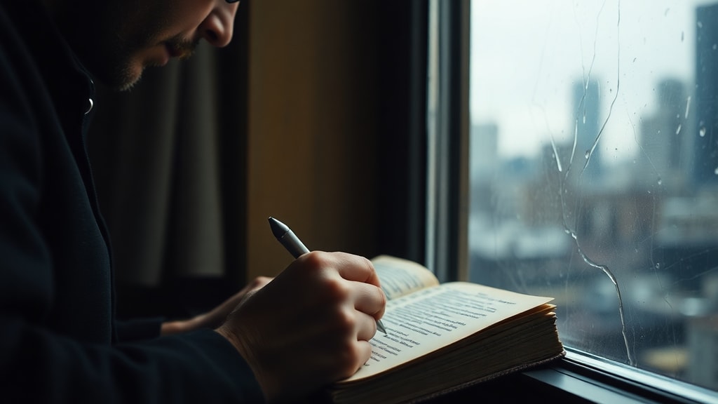A person writing in a leather journal by window light with city skyline visible