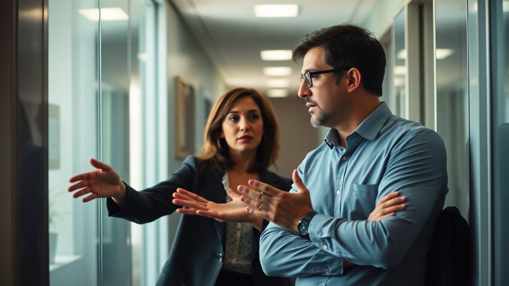 Two professionals having an earnest conversation in a modern office hallway