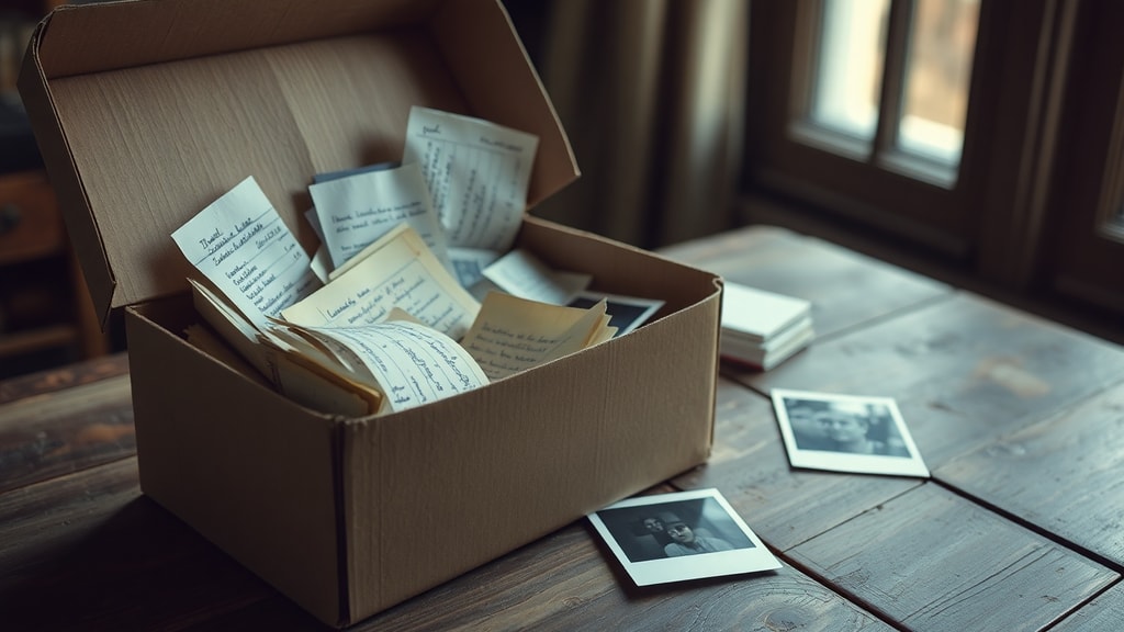 A weathered shoebox filled with old receipts and handwritten notes on a wooden table
