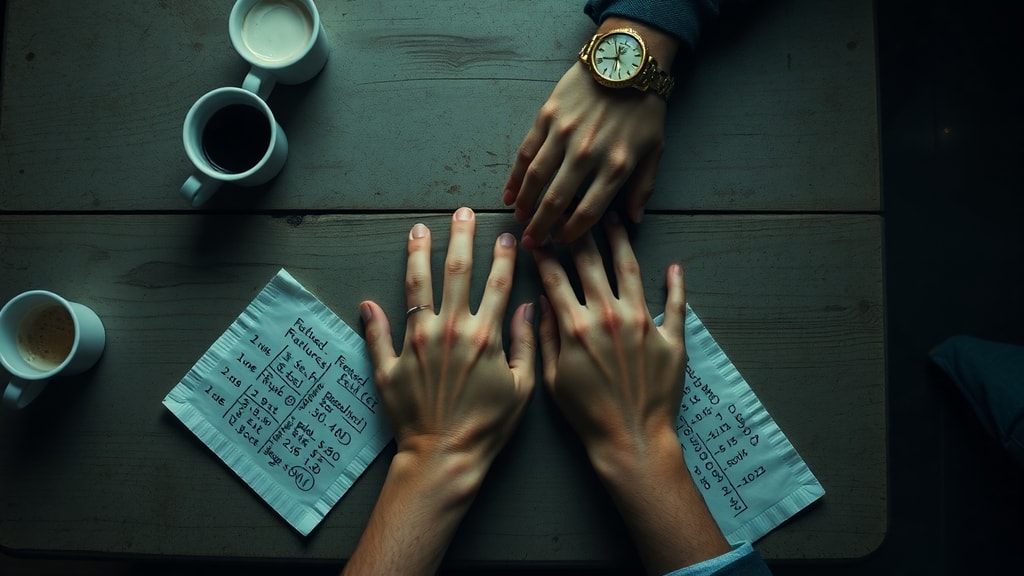 A couple's hands reaching across a diner table with paper napkins covered in handwritten notes and calculations