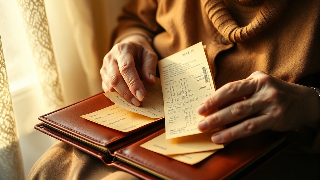 An immigrant woman's hands carefully preserving old receipts and documents in a leather photo album