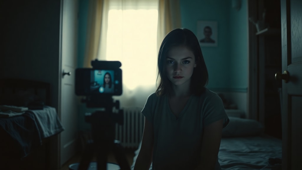 A young woman sitting alone in a dimly lit bedroom with a phone on a tripod, her face illuminated by screen glow