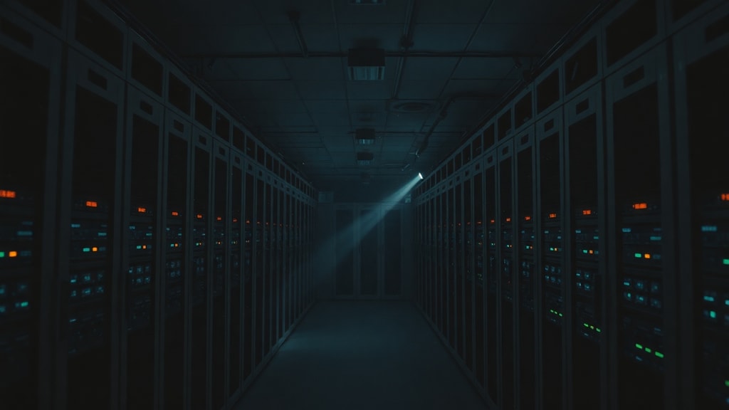 An abandoned server room with flickering lights and dust particles visible in thin beams of light